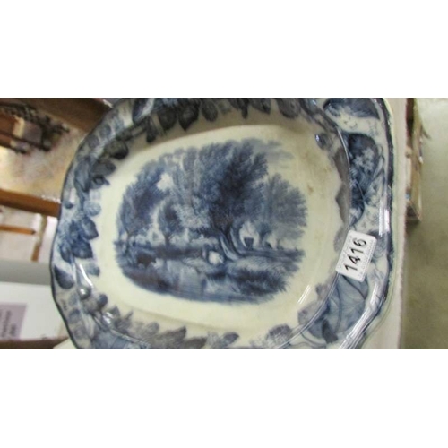 1416 - A large Victorian blue and white platter with lozenge mark (a/f has a crack).