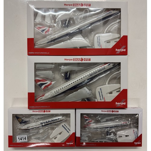 1414 - Four boxed Herpa Snap Fit commercial aricraft including Ryanair, British Airways etc.,