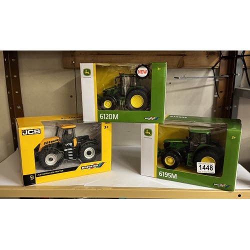 1448 - Britains 1/32 John Deere branded boxed 43248, 43150A1 and a JCB 42762.