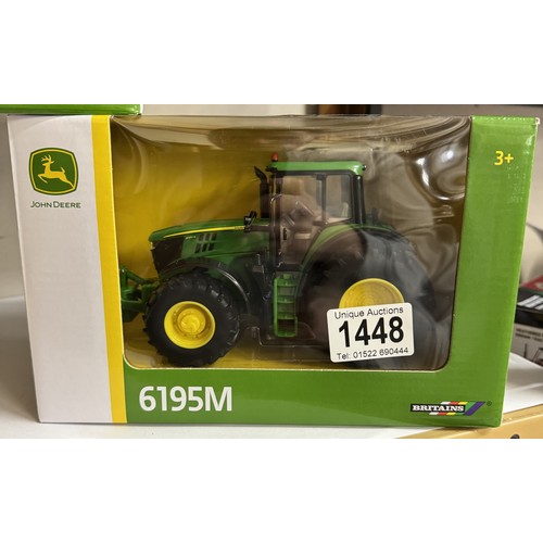 1448 - Britains 1/32 John Deere branded boxed 43248, 43150A1 and a JCB 42762.