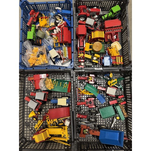 1461 - Four trays of unboxed Britains tractors, implements and farm animals etc.,