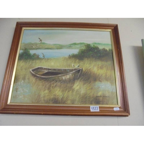 1533 - A good framed oil on canvas river bank with empty boat signed Jack Lonman?