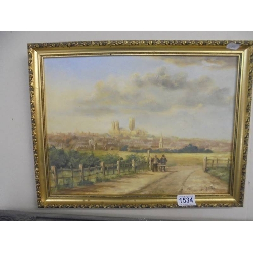 1534 - A framed oil on board - Vista to Lincoln Cathedral signed A Cooper.