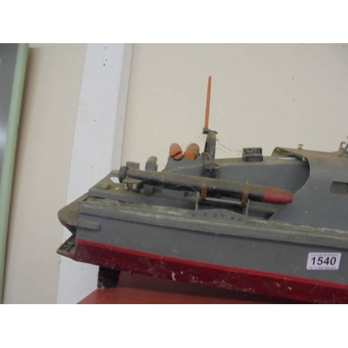 1540 - A vintage radio controlled wooden military type boat, a/f.