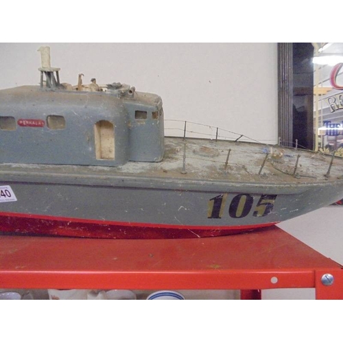 1540 - A vintage radio controlled wooden military type boat, a/f.