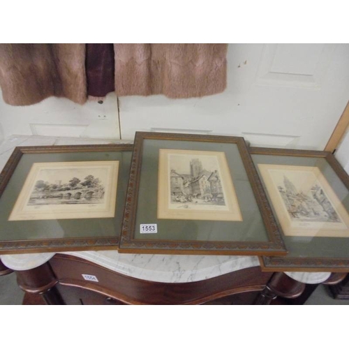 1553 - Three framed and glazed 19th century engravings of street scenes.