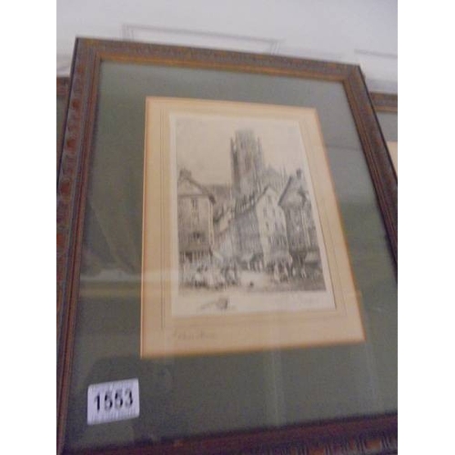 1553 - Three framed and glazed 19th century engravings of street scenes.