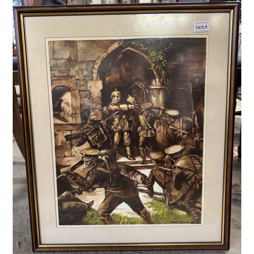 1400A - A framed & glazed watercolour featuring a WW1 battle scene between German & British troops by J.Tyre... 