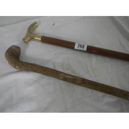 268 - A walking stick with brass handle and one other.