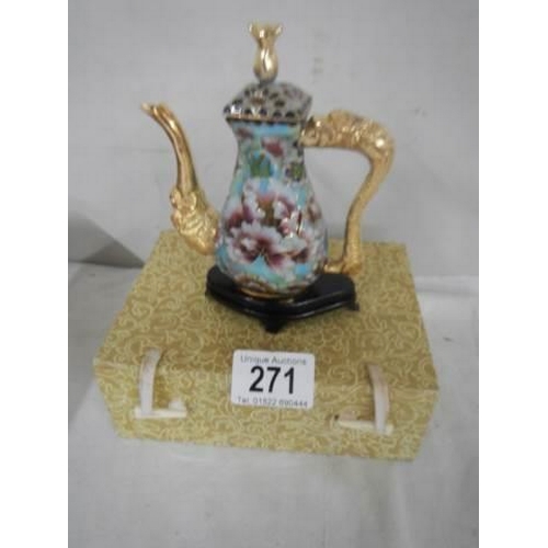 271 - A boxed pretty gilded miniature cloisonne teapot.