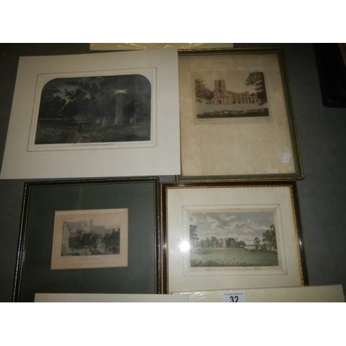 32 - 3 framed & glazed engravings and four unframed examples.