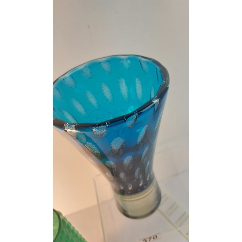 370 - 2 Art glass vases, one blue, one green