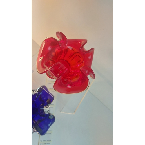 381 - 2 Art glass ashtrays blue & red