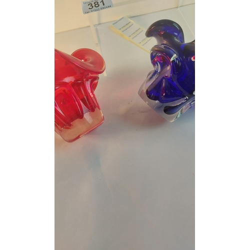 381 - 2 Art glass ashtrays blue & red
