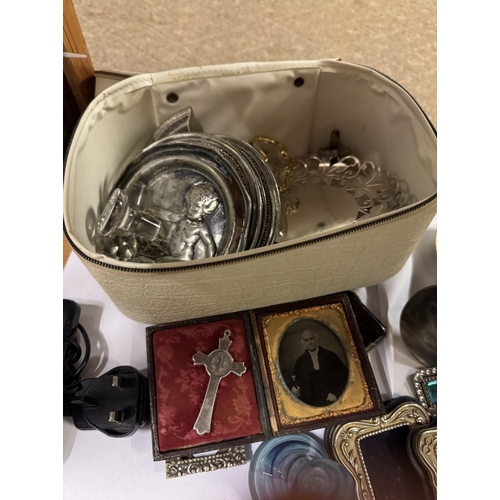383 - A shelf of miscellaneous items including a paperweight, photo frames, a phone etc