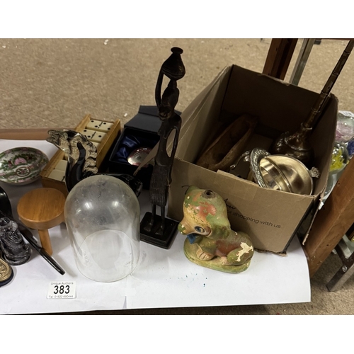 383 - A shelf of miscellaneous items including a paperweight, photo frames, a phone etc