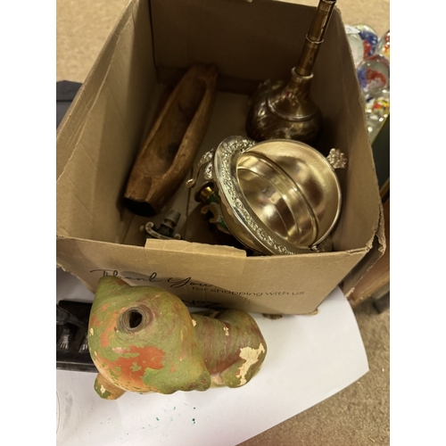 383 - A shelf of miscellaneous items including a paperweight, photo frames, a phone etc