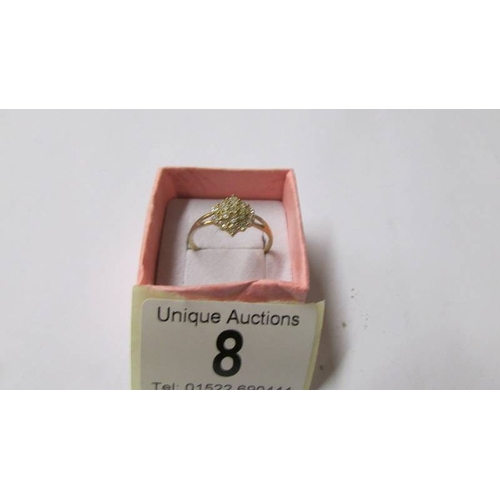 8 - An 18ct yellow gold fifteen stone diamond ring, size R, 1.5 grams.