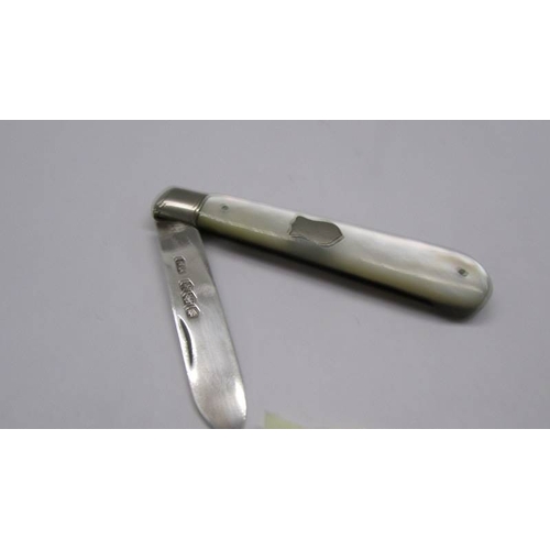 46 - A silver and mother of pearl fruit knife.
