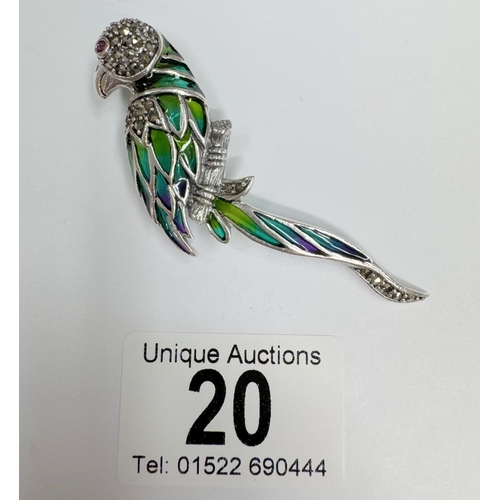 20 - A silver marcasite & plique a jour parrot brooch / pendant