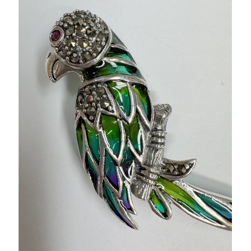 20 - A silver marcasite & plique a jour parrot brooch / pendant