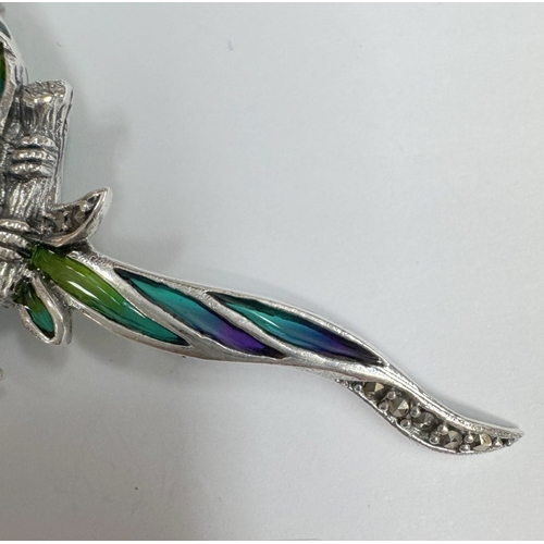 20 - A silver marcasite & plique a jour parrot brooch / pendant