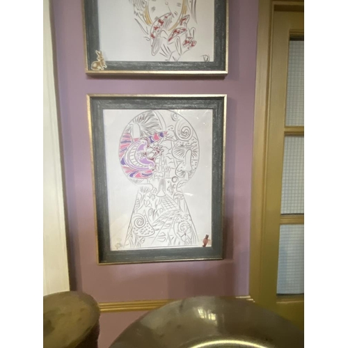 10P - Three original framed and glazed Alice in Wonderland drawings by David Ward