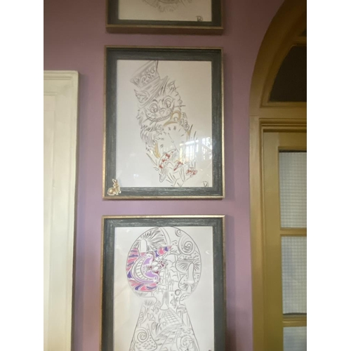 10P - Three original framed and glazed Alice in Wonderland drawings by David Ward
