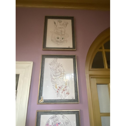 10P - Three original framed and glazed Alice in Wonderland drawings by David Ward