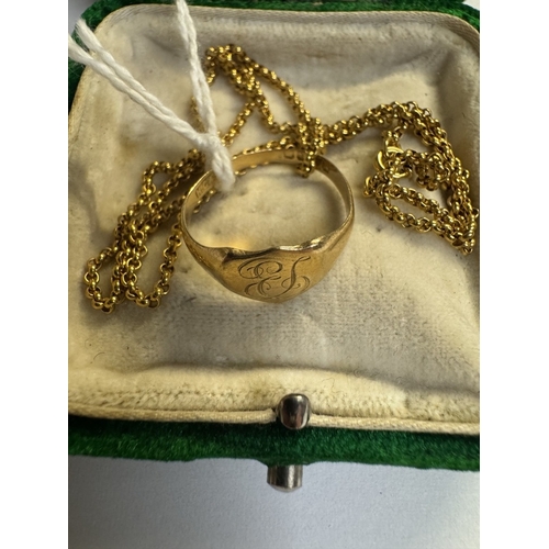 32 - A 9ct gold signet ring on 9ct gold chain. Length 39cm.