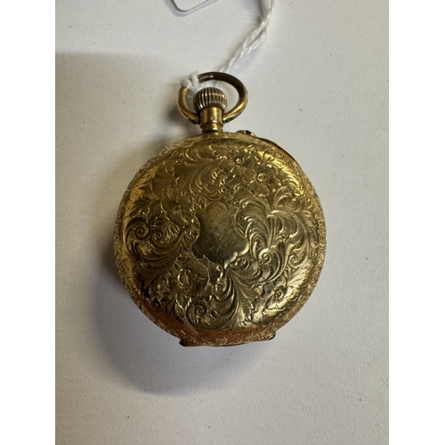 36 - An 18k gold ladies pocket watch in working order. 33mm Diameter. 27.75 grams in total