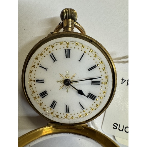 36 - An 18k gold ladies pocket watch in working order. 33mm Diameter. 27.75 grams in total