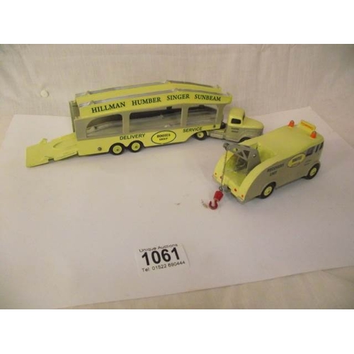 Two Dinky code 3 repaint transporter and fire engine in Rootes Group ...