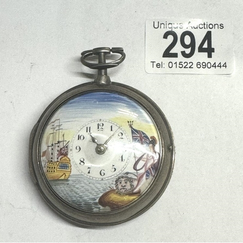 294 - Silver Paired Cased Verge Fusee watch with Rule Britannia dial, Bosley Regulator, Hallmark London 18... 