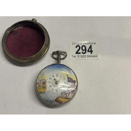 294 - Silver Paired Cased Verge Fusee watch with Rule Britannia dial, Bosley Regulator, Hallmark London 18... 