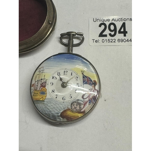 294 - Silver Paired Cased Verge Fusee watch with Rule Britannia dial, Bosley Regulator, Hallmark London 18... 