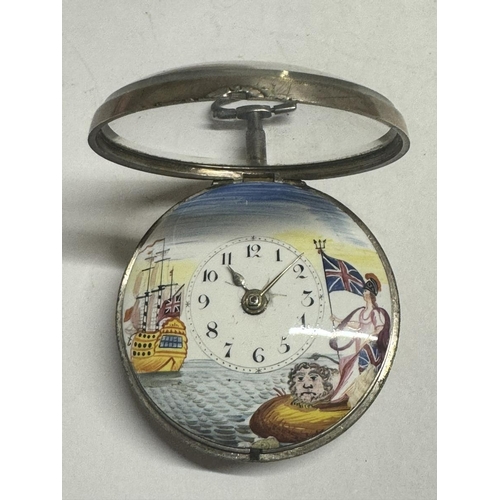 294 - Silver Paired Cased Verge Fusee watch with Rule Britannia dial, Bosley Regulator, Hallmark London 18... 