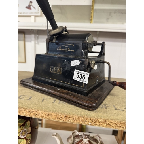 636 - A 19th century black Thomas Edison GEM phonograph with horn (Missing lid)