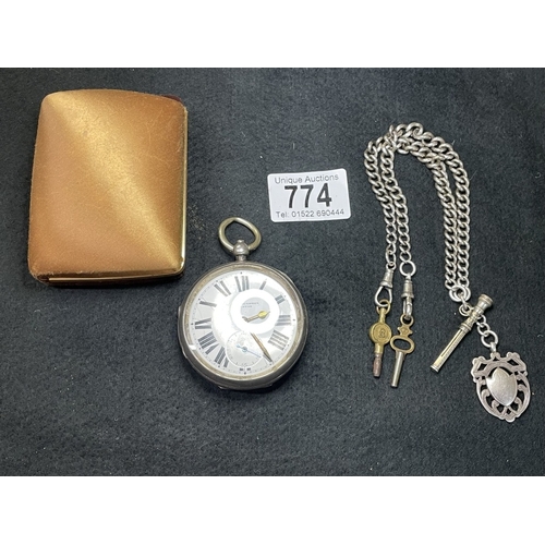 A silver cased pocket watch & heavy silver Albert chain