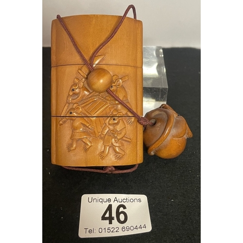 46 - A Japanese carved hardwood inro featuring mice with mouse netsuke