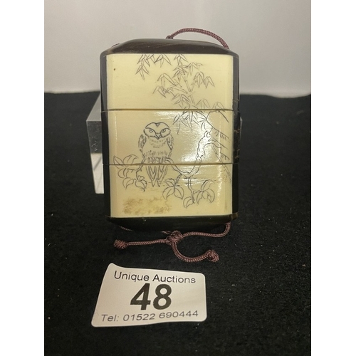 48 - A Japanese carved bone inro with geisha & owl design