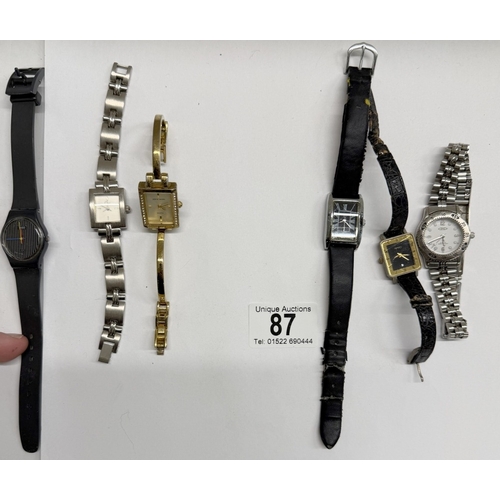 87 - 6 Ladies watches including Swatch Miss Pinstripe, pierre Cardin etc