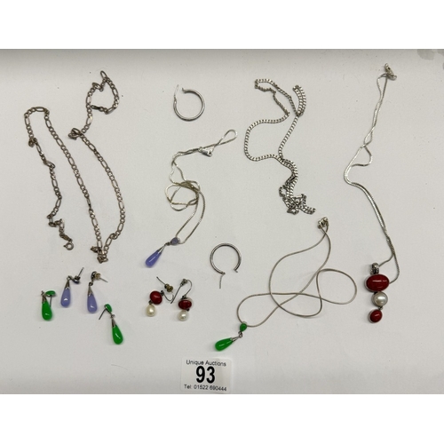 93 - 3 Sets of silver pendants & earrings, A pair of silver earrings & 2 silver chains