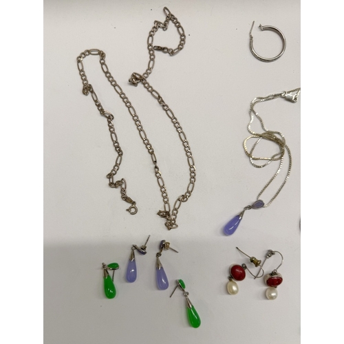 93 - 3 Sets of silver pendants & earrings, A pair of silver earrings & 2 silver chains