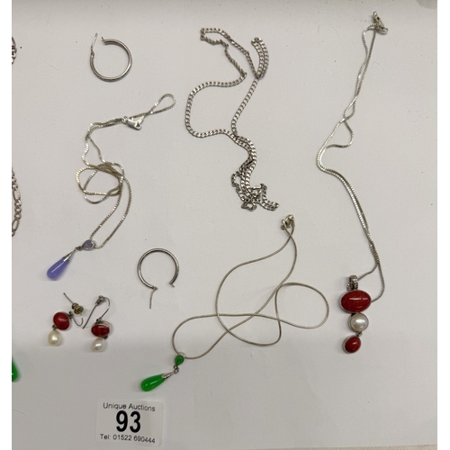 93 - 3 Sets of silver pendants & earrings, A pair of silver earrings & 2 silver chains