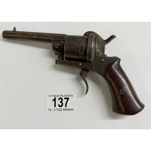 137 - A late 19th/early 20th century Belgian pinfire revolver (hammer action needs attention)