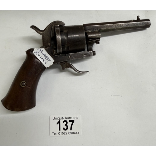 137 - A late 19th/early 20th century Belgian pinfire revolver (hammer action needs attention)