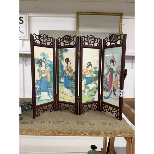 161 - A vintage Japanese 4 panel folding table top divider with decorative paintings