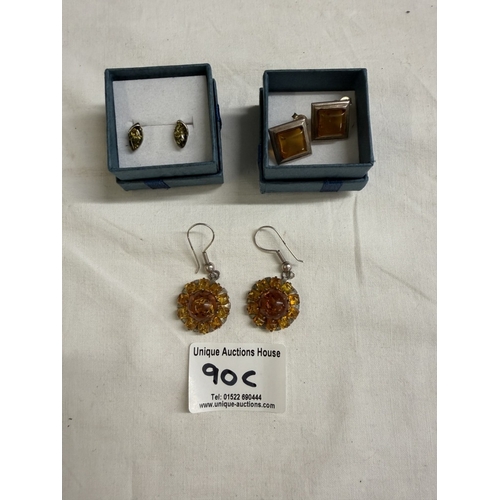 90C - 3 Pairs of silver & amber earrings