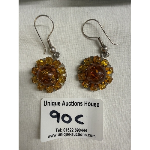 90C - 3 Pairs of silver & amber earrings